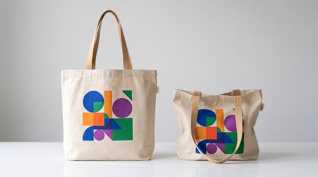 Two canvas tote bags with modern geometric pattern on white background, shopping