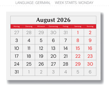2026 German August calendar layout &ndash; Kalender August. Vector monthly paper page Germany