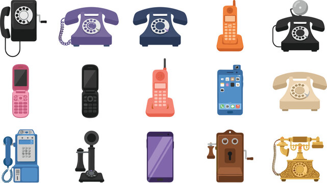 Vintage and modern telephone evolution vector set featuring classic rotary phones, flip cellular phones, payphone, and modern smartphone icons.