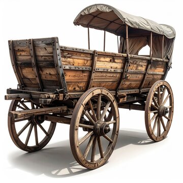 Rustic wooden wagon with canvas top on large spoked wheels