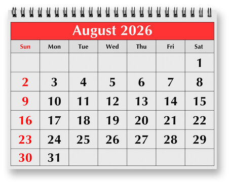Page of annual monthly calendar - month august 2026