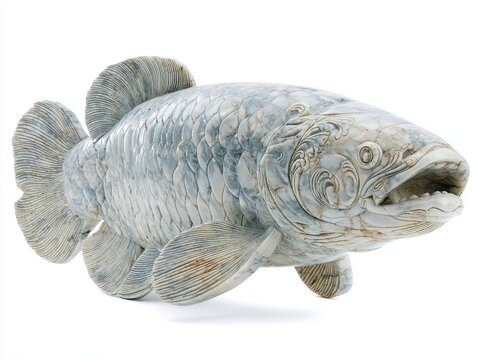 Ceramic Sculpture Of A Coelacanth Fish With Intricate Blue And White Patterns On White Background