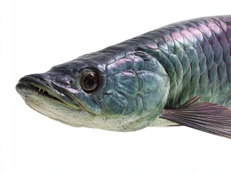 Close Up Macro Shot Of Arowana Fish Head With Iridescent Scales Isolated On White Background