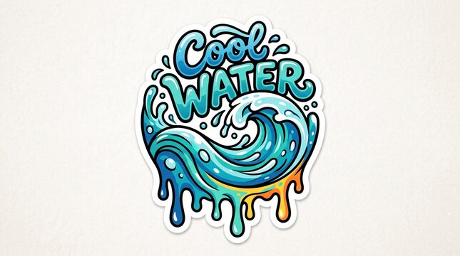 Vibrant cartoon water drip artwork with cool refreshing text sticker design with playful text emphasizing refreshing theme design with design