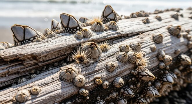 Barnacle Colony Clustered on Weathered Driftwood by the Ocean Shore