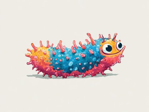 Colorful Cartoon Caterpillar With Spiky Texture And Big Friendly Eyes On A Plain Light Background