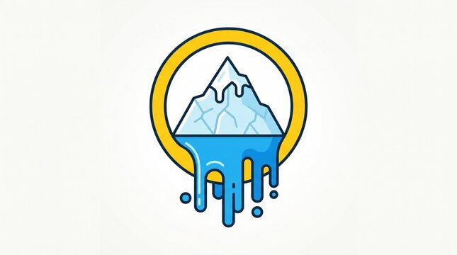 Illustrated melting glacier dripping blue liquid with vibrant yellow circular border graphic design with conveying dynamic environmental theme