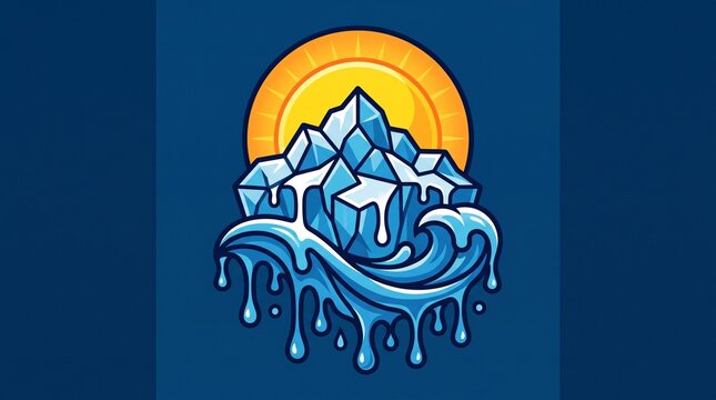 Vibrant illustration of melting ice blocks with sunrise waves in bold blue with evoking themes climate change natural transformation digital illustration geometric