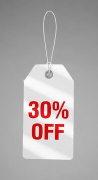 Discount tag with 30% off text and shadow effect, isolated on gray background