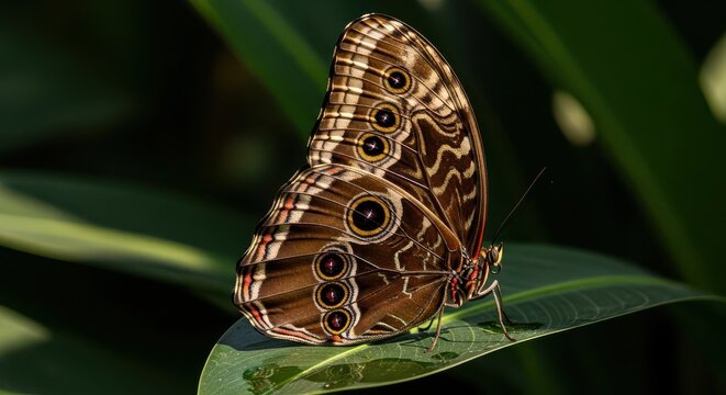 Brown Morpho Butterfly with Intricate Wing Patterns on Green Leaf