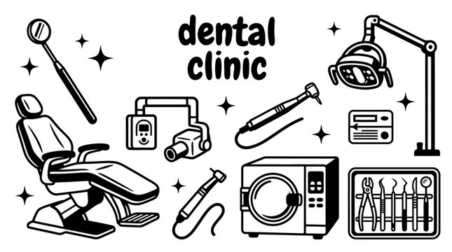 dental clinic equipment featuring dental chairs examination lights drills mirrors xray units sterilization tools and oral healthcare vector set for dentistry healthcare and education projects