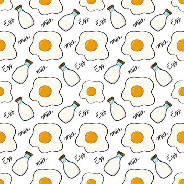 Playful seamless breakfast pattern featuring hand-drawn fried eggs and glass milk bottles on transparent background.