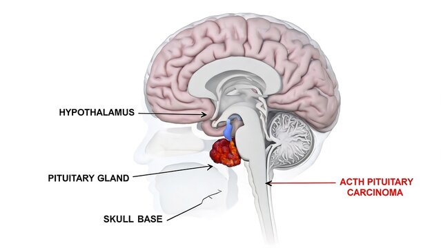 Plain white background sagittal 3D medical illustration of ACTH pituitary carcinoma, human brain cross-section annotated hypothalamus, pituitary gland, skull base and malignant sellar tumor neuroendoc
