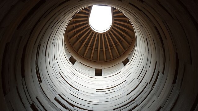Interior of a round stone tower, corner where masonry walls curve inward to support the ceiling.