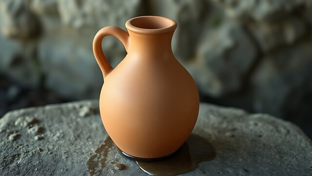 Unglazed terracotta jug on stone, water seeping and darkening its base.