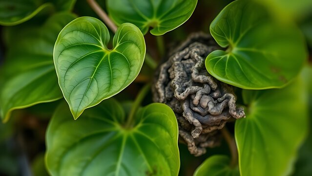 Close-up of a kava plant's heart-shaped leaves and textured root.