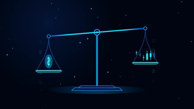 Digital scales balancing currency symbol with financial trading charts
