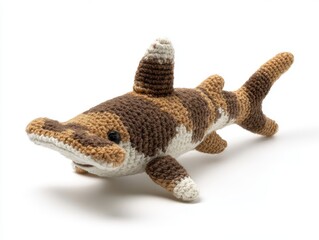 Obraz premium Crocheted Hammerhead Shark Toy With Brown And White Yarn Patterns On Isolated White Background