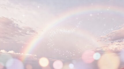 Obraz premium A pastel-colored sky with soft clouds, a faint rainbow, and sparkles creating a dreamy, magical atmosphere.