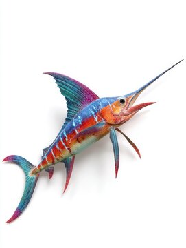 Colorful Painted Marlin Fish Sculpture With Vibrant Blue Orange And Pink Hues On White Background
