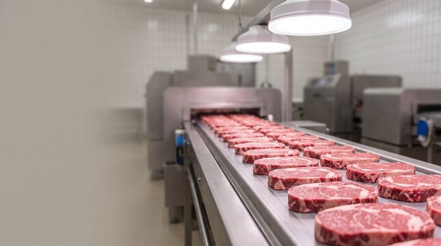 Rows of raw steaks on a conveyor belt in a food processing plant Meat Food production