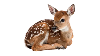 Fotobehang Hert Cute small wild deer fawn lying down alertly isolated on transparent background  © Olga