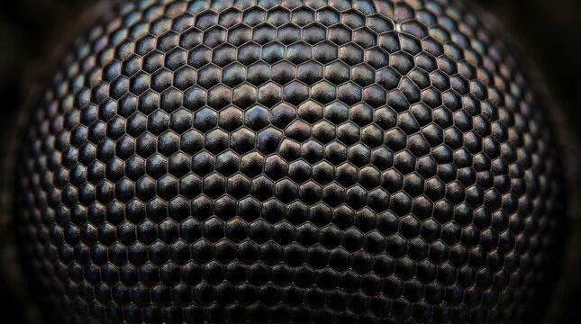 Macro insect eye texture with hexagonal ommatidia, extreme close up of compound eye structure, dark metallic biological pattern
