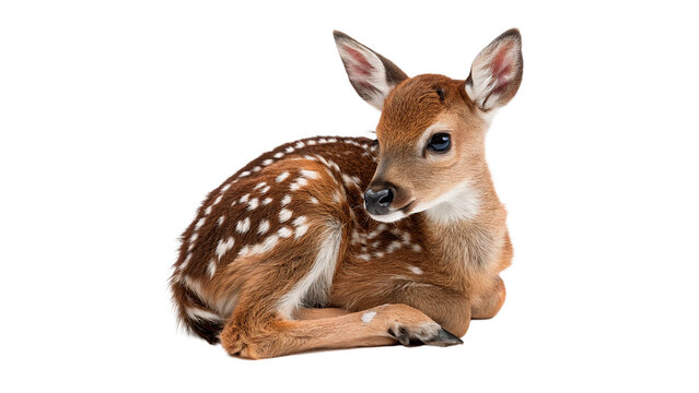 Cute small wild deer fawn lying down alertly isolated on transparent background