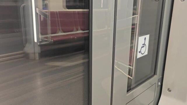 Metro train sliding doors with wheelchair sign at station, urban transport, accessibility, safety, daily commute.