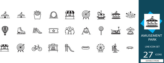 Amusement park line icon set with carnival, coaster, carousel and festival travel symbols. © Md Ataullah 