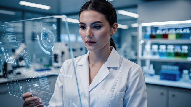 A female scientist in a lab coat analyzes transparent digital data displays in a high-tech laboratory setting.