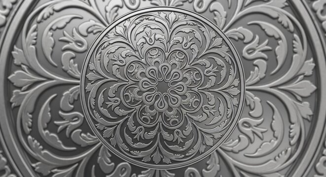 Intricate metallic floral mandala pattern, detailed relief engraving, ornate decorative design, silver background.
