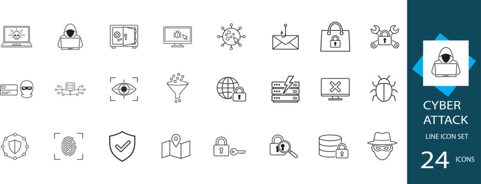 Cyber attack line icon set with hacker, malware, phishing and ransomware security threat symbols.