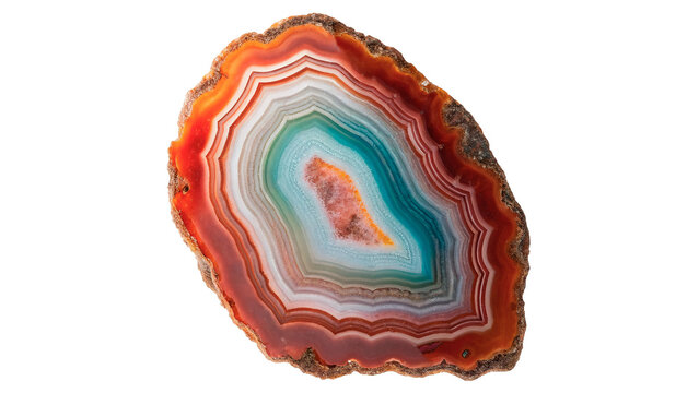 Polished colorful agate gemstone with concentric teal rings isolated on transparent background