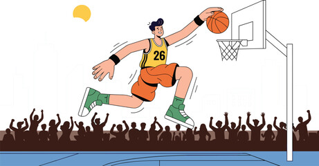 Dynamic Flat Vector Illustration of a Basketball Player Jumping for a Slam Dunk with Cheering Stadium Crowd Silhouette Graphic Elements © BijoyChandra
