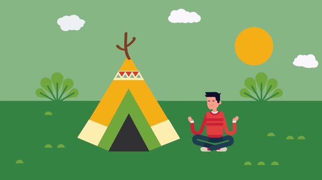 2D Animated Man Meditating in Lotus Position Outside Teepee Tent on Green Meadow Flat Vector Character Animation Footage