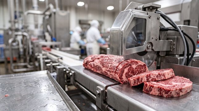 Industrial meat processing with automated slicing machine cutting raw beef steaks on a conveyor belt