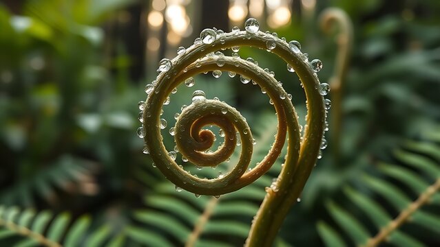 Silver fern frond unfurling with dewdrops in a rainforest.
