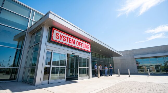 Hospital entrance building with system offline sign outside