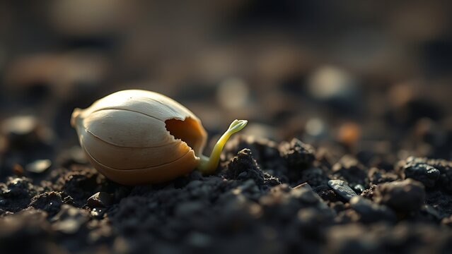 A single seed on dark soil with a tiny crack revealing a sprout inside.