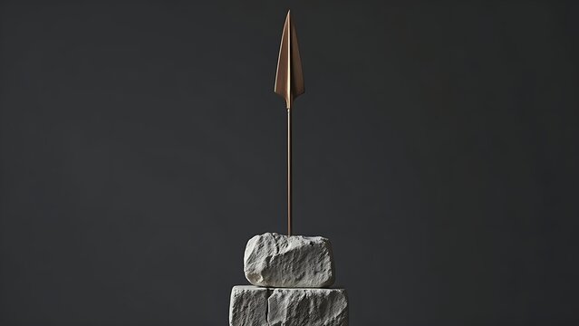 Geometric bronze spearhead sculpture mounted on rough stone plinth.