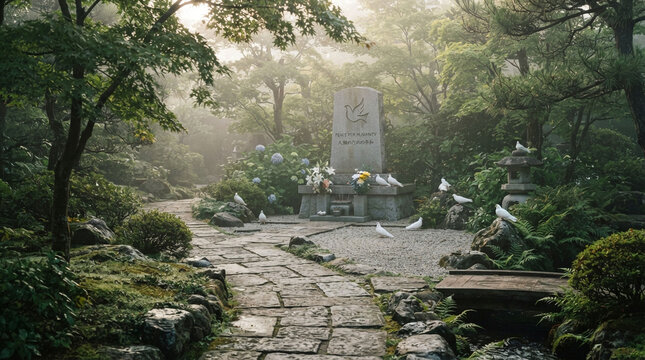 Serene garden path with doves near memorial stone