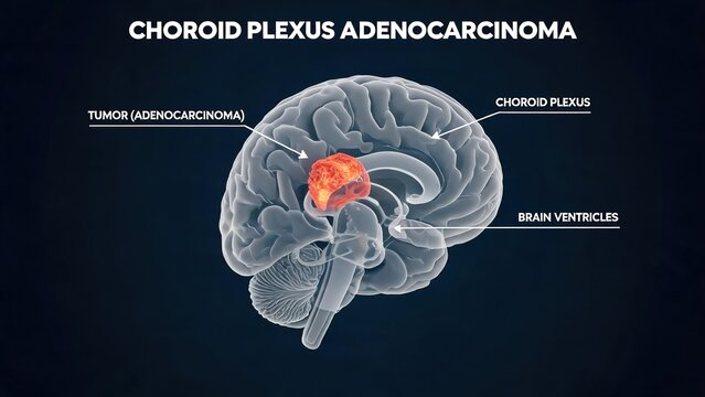 Dark navy background semi-transparent grey human brain 3D anatomical render of Choroid Plexus Adenocarcinoma, glowing orange malignant tumor located within brain ventricles labeled choroid plexus neur