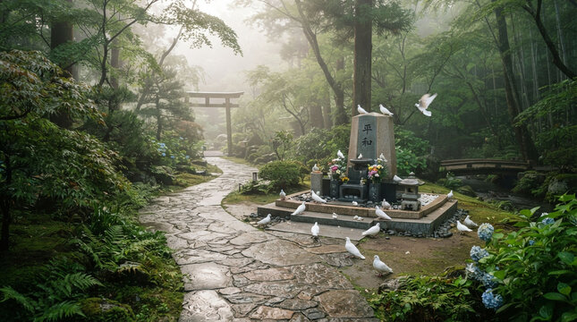 Serene garden pathway with white doves and memorial stone