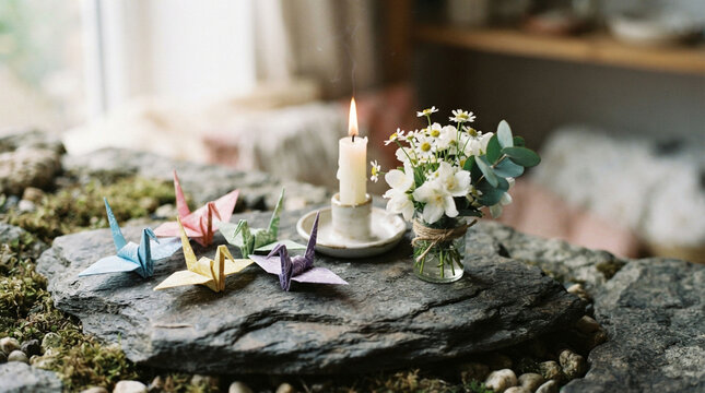 Colorful origami cranes candle flower arrangement home decor