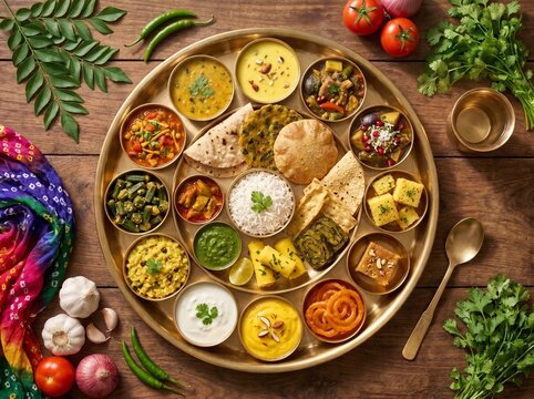 Top View Flat Lay of Authentic Traditional Gujarati Thali with Classic Gujarat Cuisine