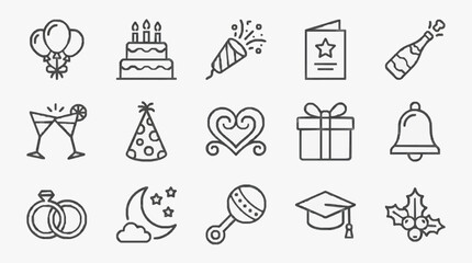 Fototapeta premium Modern Black and White Line Icons Set Featuring Celebration Party Holiday and Special Occasion Symbols