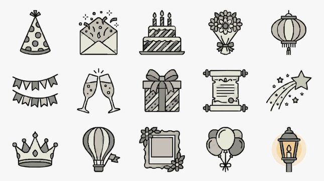 Elegant Monochromatic Line Art Set of Celebration Icons Including Party Hat Cake Gift Balloons Crown and More