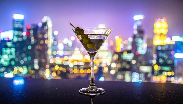 Elegant martini cocktail on rooftop bar at night. Stylish urban evening drink with city skyline backdrop and festive lighting.
