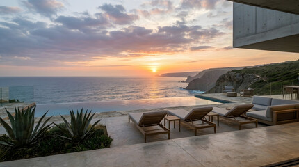 Fototapeta premium Tropical Beach Sunset with Ocean View and Relaxing Chairs by the Seaside Resort Horizon Landscape